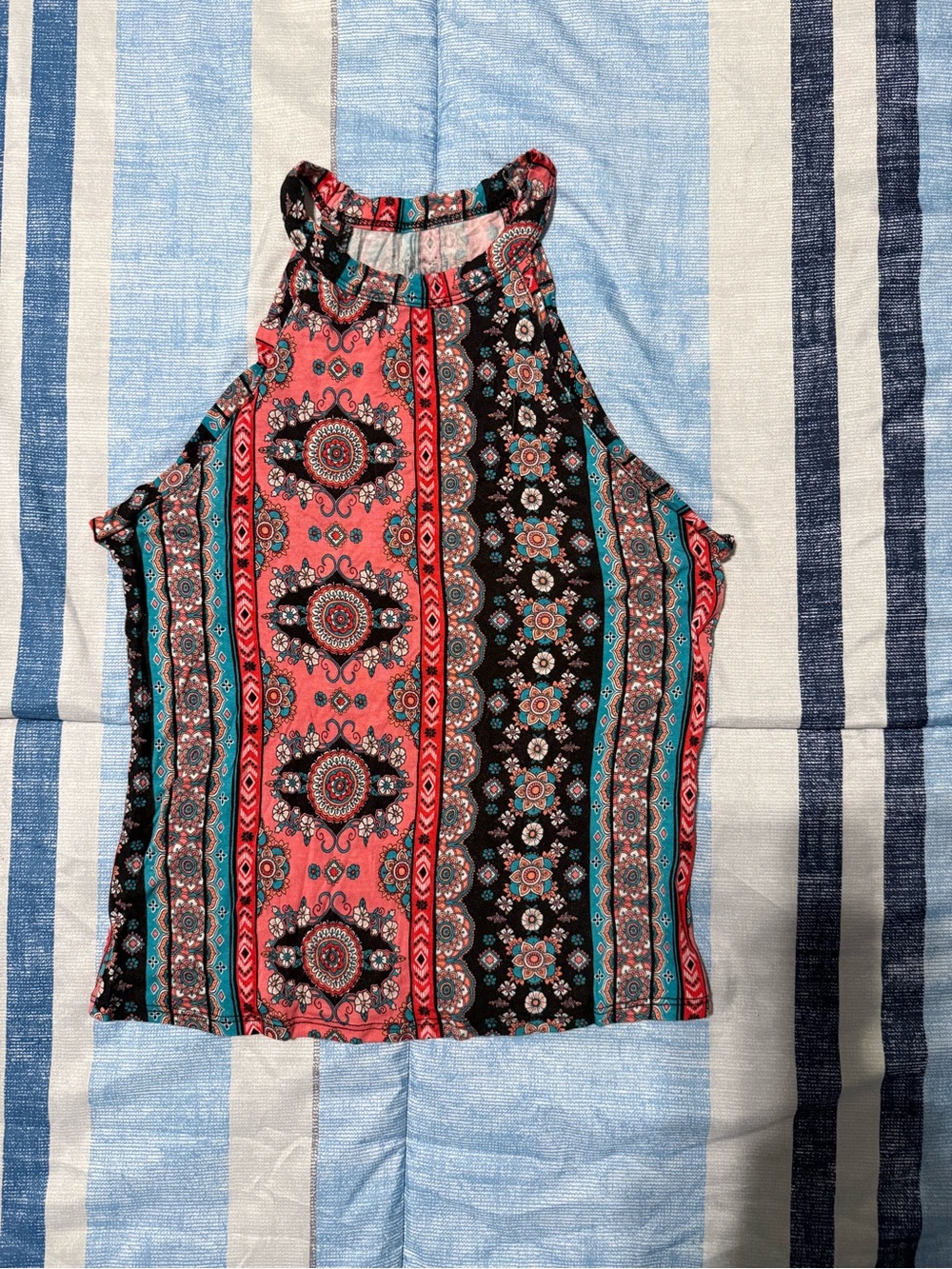 Mudd Coral, Black & Teal Patterned Halter Tank Top